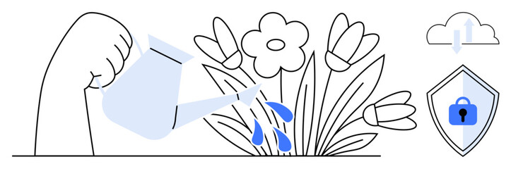 Hand pouring water on flowers with blooming petals, cloud upload icon, and shield with lock graphic. Ideal for growth, nurturing, development, data security, cloud storage, protection and abstract