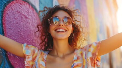 Enthusiastic young woman happily streaming content outdoors in sunny urban arts district, colorful street art walls background, vivid natural daylight, relaxed urban style, cinematic DSLR realism,