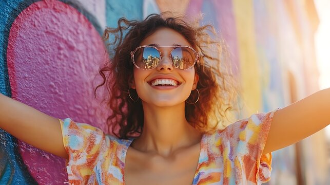 Enthusiastic young woman happily streaming content outdoors in sunny urban arts district, colorful street art walls background, vivid natural daylight, relaxed urban style, cinematic DSLR realism,