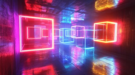 Fototapeta premium A futuristic box room with glowing neon squares floating in mid-air