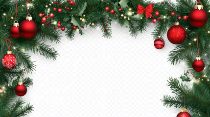 Christmas garland isolated on white background. New Year's decor in the form of green fir branches, balls, cones, stars. Holiday concept. Layout.