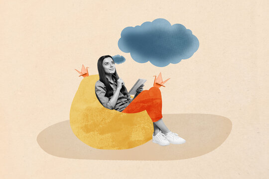 Trend artwork composite 3D photo collage design of young lady sit beanbag think mind cloud creative imagination dream write copybook