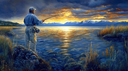 Fisherman Casting Line at Sunset Over Serene Lake Landscape