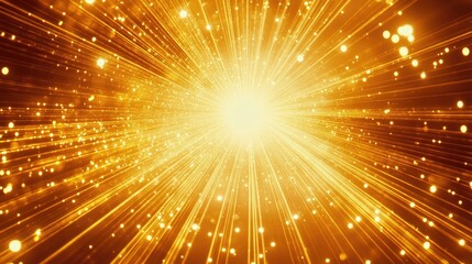 Golden beams of stage lights radiating outward in a concert-like setup, creating a sense of depth.