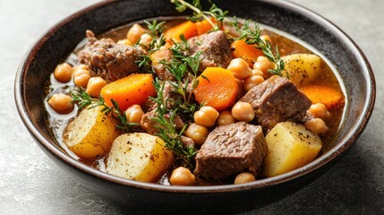 Hearty Stew in Dark Bowl on Gray Surface