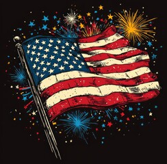 Vibrant celebration of patriotism with an American flag and colorful fireworks in the background during a night festival