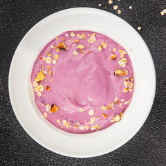 Yogurt berry healthy breakfast fresh delicious gourmet food background on the table rustic food top view copy space keto and paleo diet