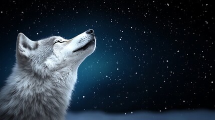 Naklejka premium A majestic wolf gazes upward in a snowy landscape, surrounded by falling snowflakes at night
