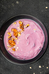 Yogurt berry healthy breakfast fresh delicious gourmet food background on the table rustic food top view copy space keto and paleo diet