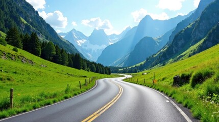 Naklejka premium Asphalt ribbon winding through a verdant valley nestled amidst majestic, snow-capped mountains under a bright, sunny sky.