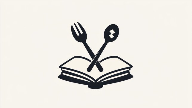Cookbook logo design, crossed cutlery on open book, food and recipes
