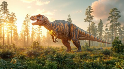 Prehistoric creature in sunrise forest