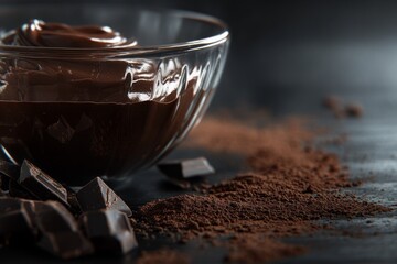 Melted chocolate in glass bowl, dark chocolate pieces, cocoa powder