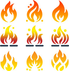A dynamic collection of abstract fire flame warning icons with smooth gradients, modern shapes, and high-quality vector design for multiple uses