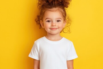 Naklejka premium Young girl with curly hair smiles against a vibrant yellow background while wearing a plain white t-shirt