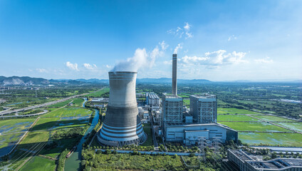 Aerial view of coal fired power plant with smoke in China