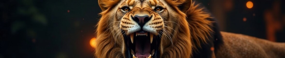 Obraz premium Fierce lion's face with open jaws and sharp teeth , predators, wild