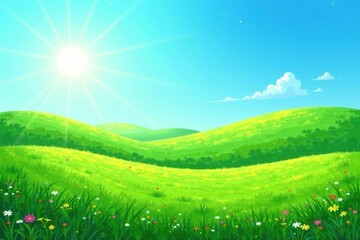 Obraz premium Bright Sunny Day in a Lush Green Meadow with Rolling Hills and Wildflowers