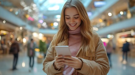 Woman happily browsing smartphone while standing at dynamic shopping center atrium, fashionable modern architecture, bustling shoppers blurred in background, bright natural interior lighting,