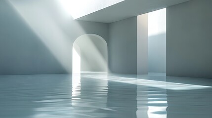 Fototapeta premium Soft spotlight shining from above on a smooth, reflective surface, with elongated shadows enhancing the depth.