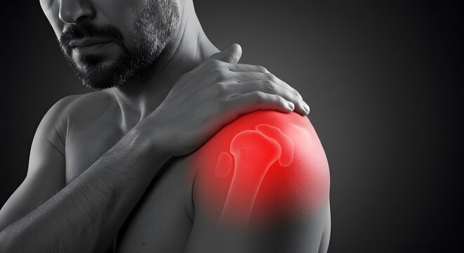 Man Experiencing Shoulder Pain Highlighted with Red Overlay on Grey Background - Powered by Adobe