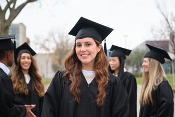 Portrait of a cheerful university student wearing graduation gown and cap, celebrating with friends...