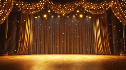 Symmetrical golden lighting illuminating a classical theater stage with intricate curtain details.