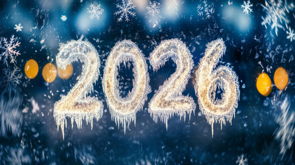 New Year 2026 frosty glass with snowflakes and bokeh lights background