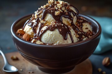 Delicious dessert bowl with ice cream topped with chocolate and nuts at a cozy cafe