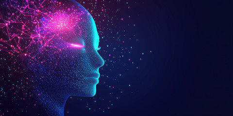 A glowing digital AI face, constructed with blue and pink neural networks, exuding futuristic intelligence. Bright energy bursts from its mind and eyes, symbolizing advanced cognition and data flow.