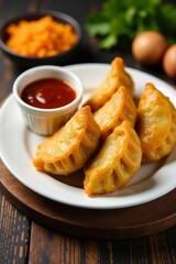 Crispy fried potstickers on white plate with dipping sauce, traditional, snack