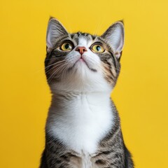 Obraz premium Curious tabby cat gazing upwards against a vibrant yellow backdrop showcasing its striking eyes and unique coat pattern in a studio setting