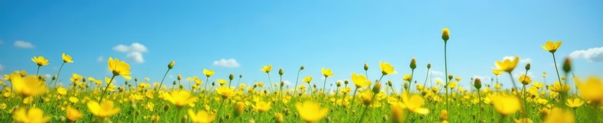 Fototapeta premium Field of yellow celandine flowers against a blue sky, clear blue sky, blooming meadow