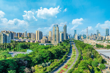 Cityscape with skyline and green trees in Shenzhen, China