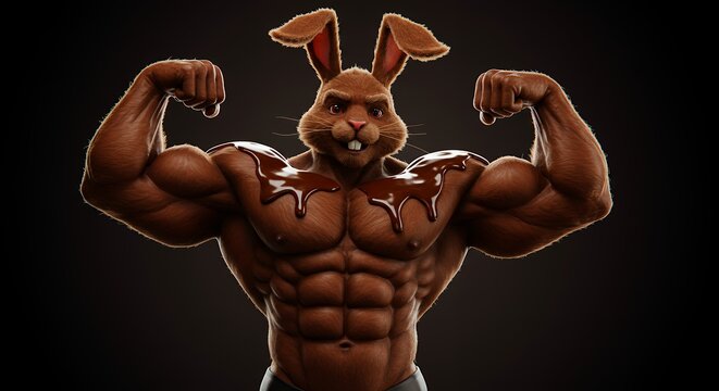 Muscular rabbit posing with chocolate for fitness and holiday concepts