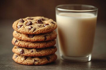 Delicious chocolate chip cookies stacked with a glass of milk on a wooden table