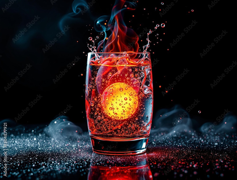 Poster a vibrant glass filled with a red liquid, featuring an illuminated spherical object inside.