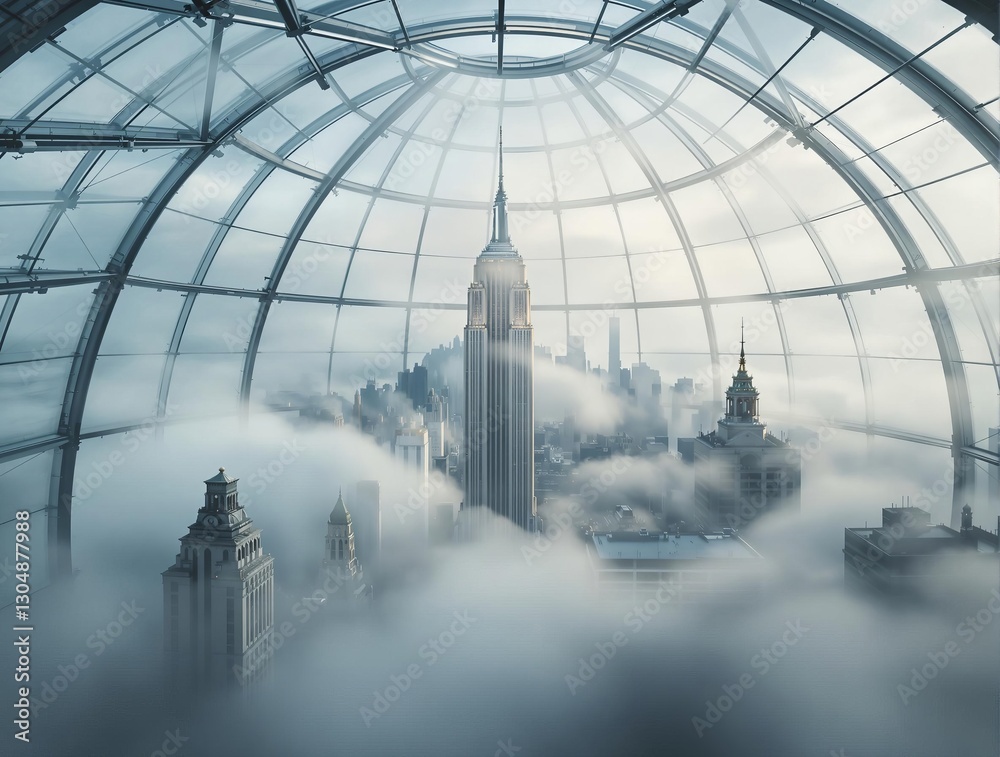 Poster the image depicts a futuristic cityscape enveloped in thick clouds, viewed from inside a dome struct
