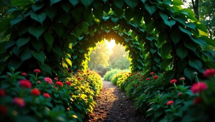 Leafy canopy creates a verdant tunnel at dusk, foliage, leafy tunnel, flowers