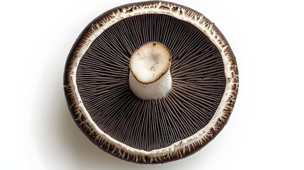 Close-Up View of a Fresh Black Mushroom Cap with Intricate Gills and Stem on White Background