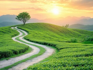 Fototapeta premium Serene tea plantation landscape with winding path leading to a lone tree at sunset scenic vista