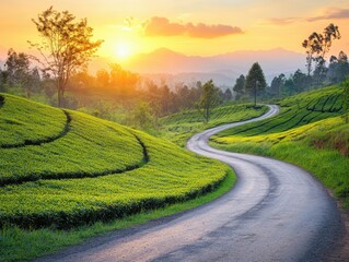Fototapeta premium Serene winding road through lush tea plantation hills at sunset captivating landscape with vibrant greenery and golden light creating peaceful scenic beauty