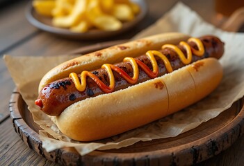 A testy Grilled Hot Dog with Ketchup and Mustard on Rustic Wooden Plate