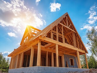 Fototapeta premium Construction Site Framing a New Home Against a Bright Blue Sky with Sunlight Shining Through Beams