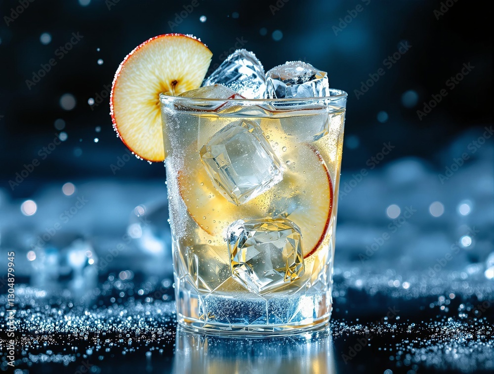 Poster a close-up image of a refreshing beverage served in a glass filled with ice and garnished with a sli