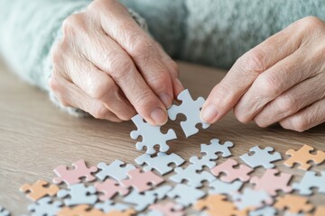 Senior hands assembling a jigsaw puzzle with pastel pieces on a wooden table during a quiet afternoon indoors