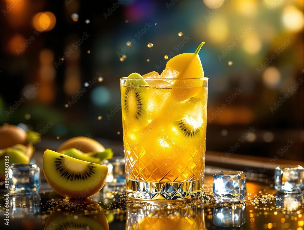 Poster a vibrant cocktail garnished with slices of kiwi and mango, positioned on a bar top with scattered i