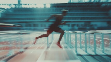 Athlete sports silhouette running sprinting motion track field jumping hurdles speed stadium