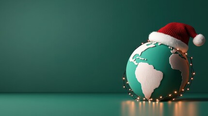 Holiday spirit shines as a globe wears a Santa hat and twinkling lights showcase the festive season