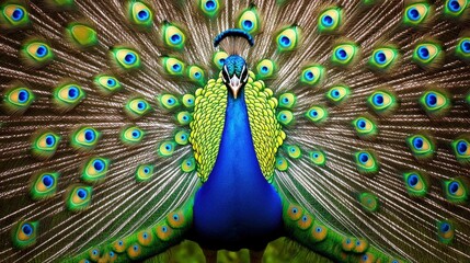 Fototapeta premium A vibrant peacock displays its colorful feathers, showcasing intricate patterns and striking hues of blue and green.